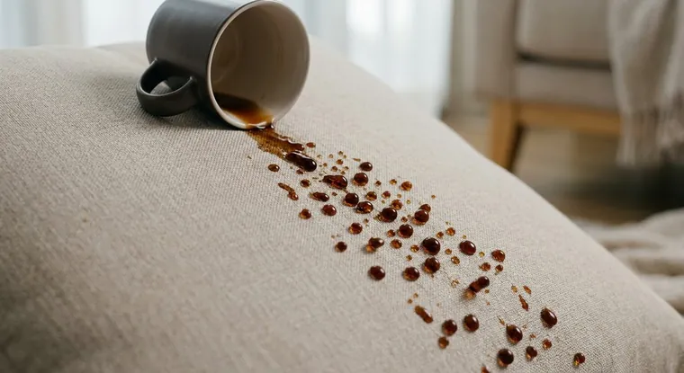 Café derramado escorrendo sobre tecido impermeabilizado sem ser absorvido