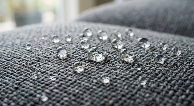 Gotas de água paradas em cima de um tecido impermeabilizado, sem penetrar na fibra