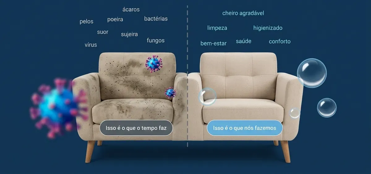 Comparação entre uma poltrona encardida e a mesma poltrona depois da limpeza