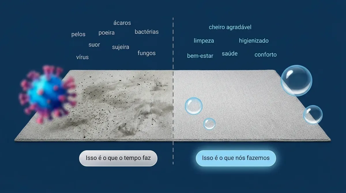 Comparação entre um carpete impregnado de poeira, ácaros e odor e o mesmo carpete depois da limpeza