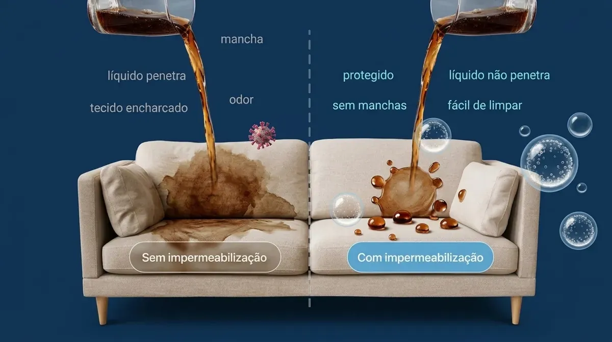 Comparação entre um sofá sem impermeabilização, com o líquido penetrando e manchando, e um sofá impermeabilizado, com o líquido parado na superfície