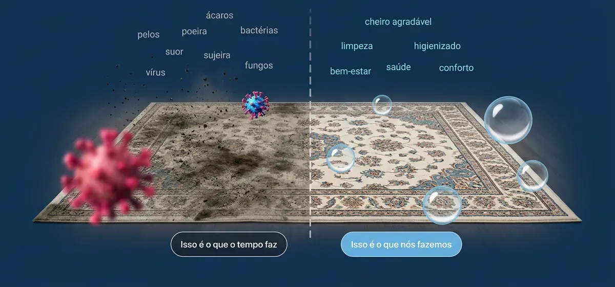 Comparação entre um tapete impregnado de poeira, ácaros e odor e o mesmo tapete depois da limpeza